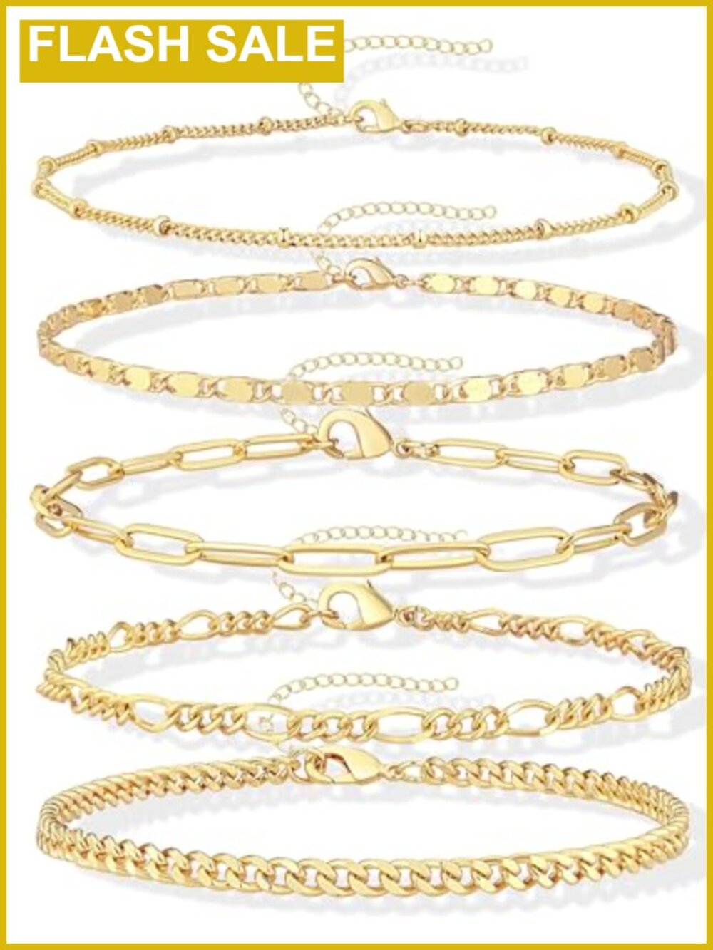 14k Gold Plated Anklet Set Layered Cuban Figaro Link Adjustable